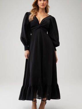 Sabina Musayev Black V-Neck Puff Sleeve Maxi Dress